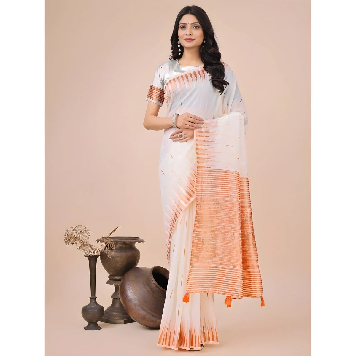 Women's Linen Cotton Printed Saree With Unstitched Blouse 5.5mtr (white) | Women Signature Collection