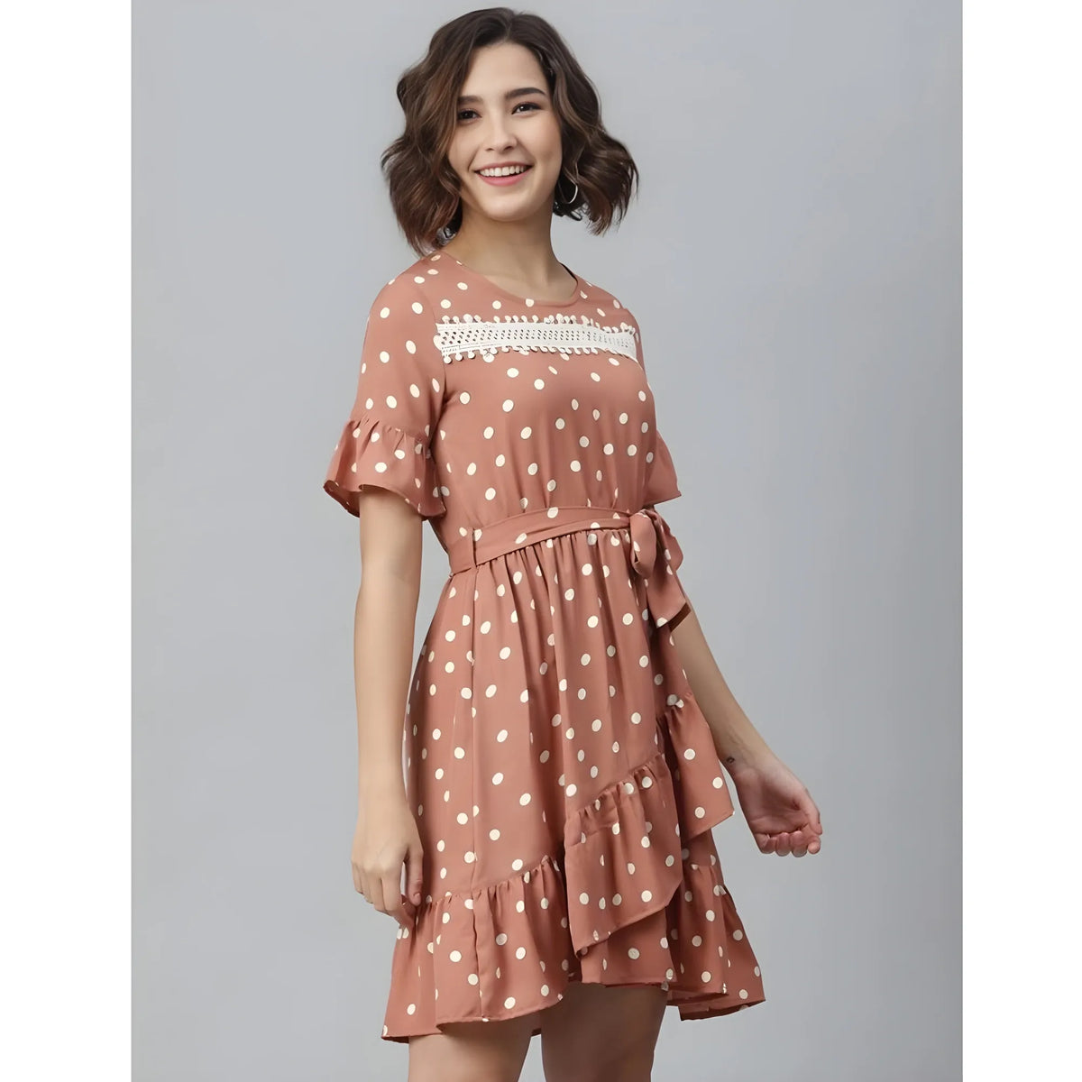 Women's Polyester Polka Bell Sleeve Above Knee Dress (brown) | Women Signature Collection