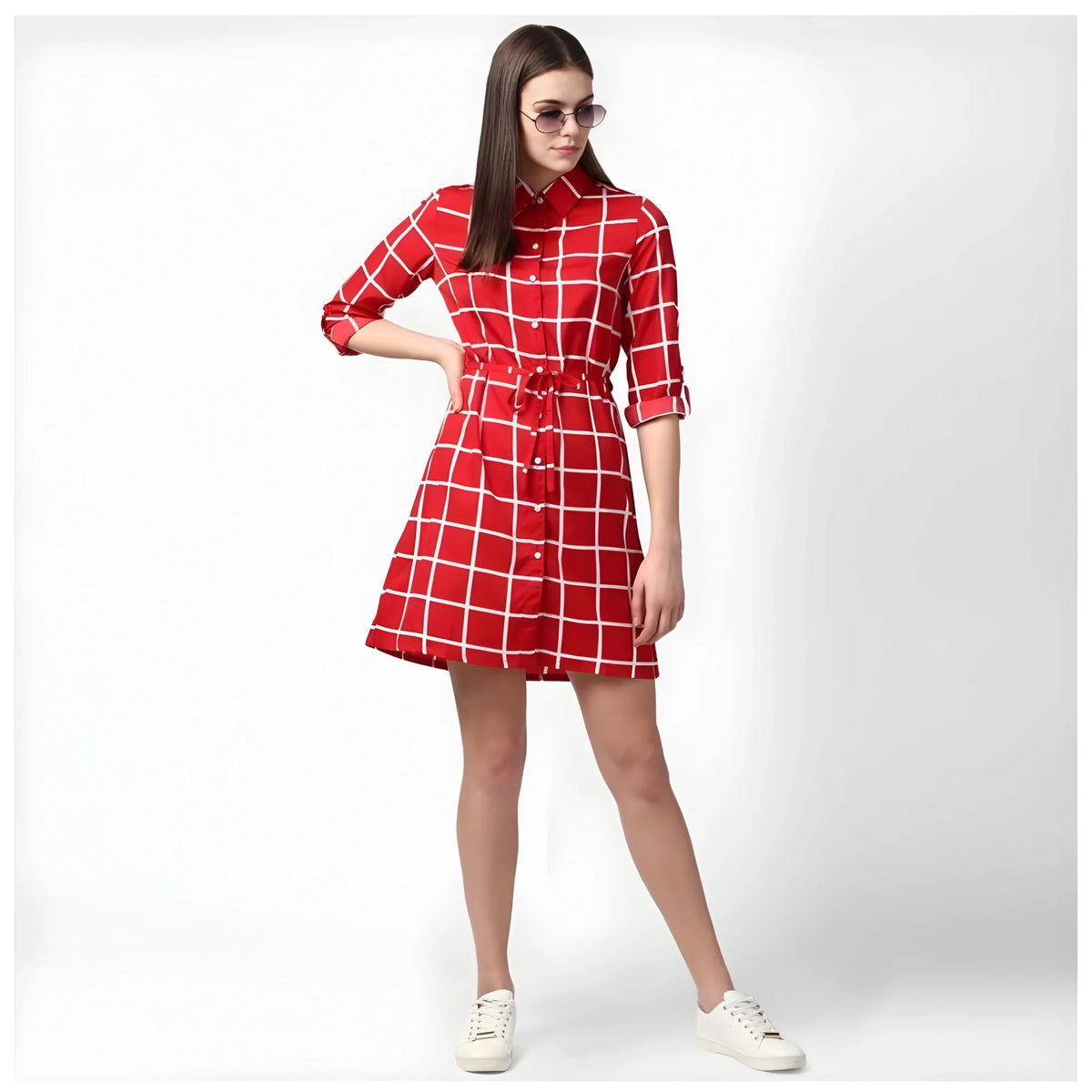 Women's Polyester Checkered Long Sleeves Above Knee Dress (red) | Women Signature Collection