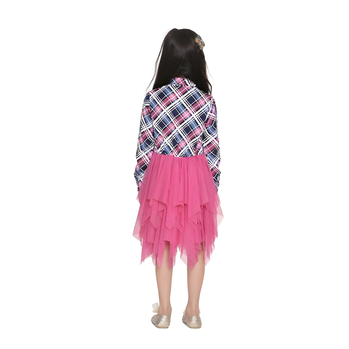 Girl's Polyster Crepe Lace Inserts Long Sleeves Dress (pink Blue) | Kids Signature Collection