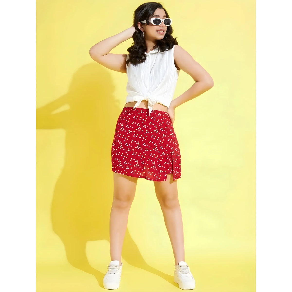 Girl's Polyester Lurex Printed Sleeveless Skorts Set (white Red) | Kids Signature Collection