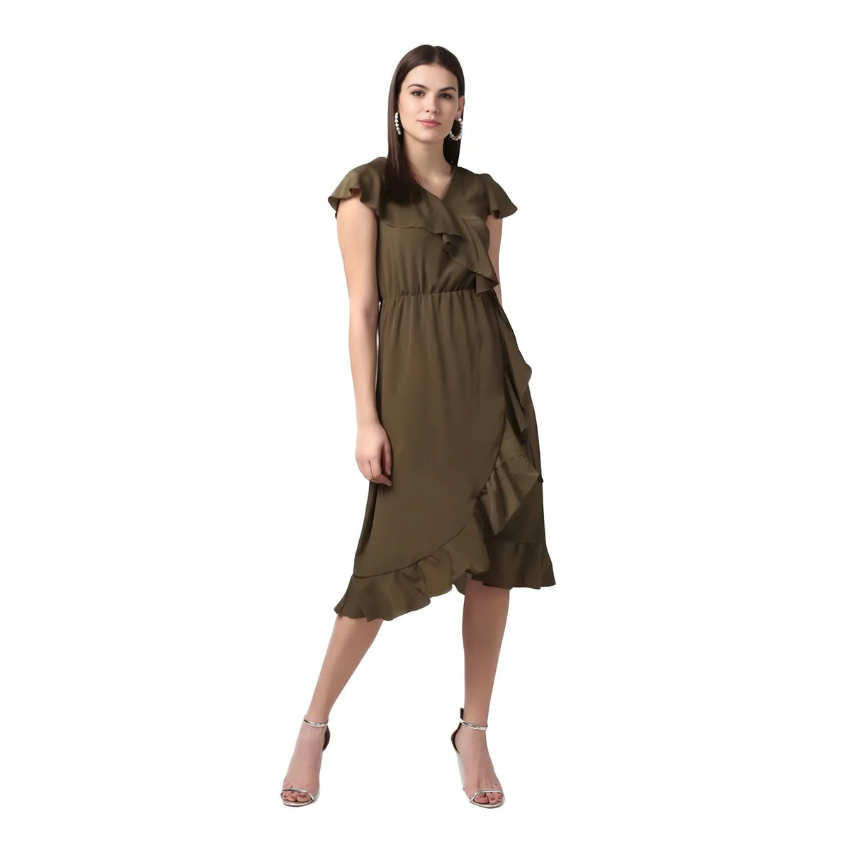 Women's Polyester Ruffled Cap Sleeve Knee Length Dress (olive) | Women Signature Collection