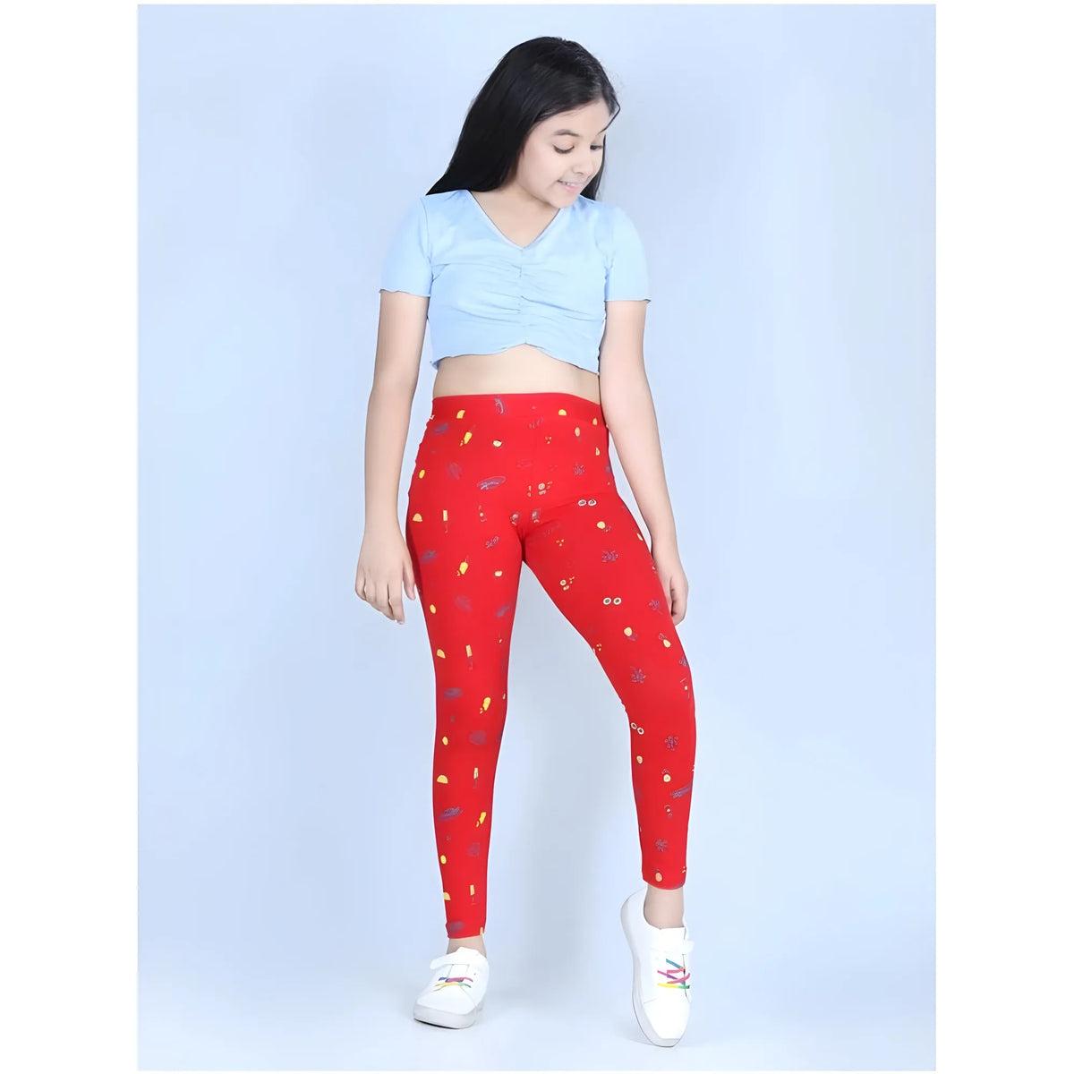 Girl's Cotton Lycra Printed Elasticated Leggings (Red)