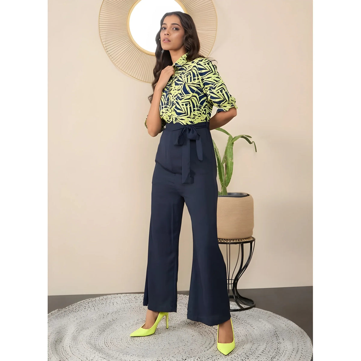 Women's Polyester Floral Half Sleeves Jumpsuit (navy Yellow) | Women Signature Collection