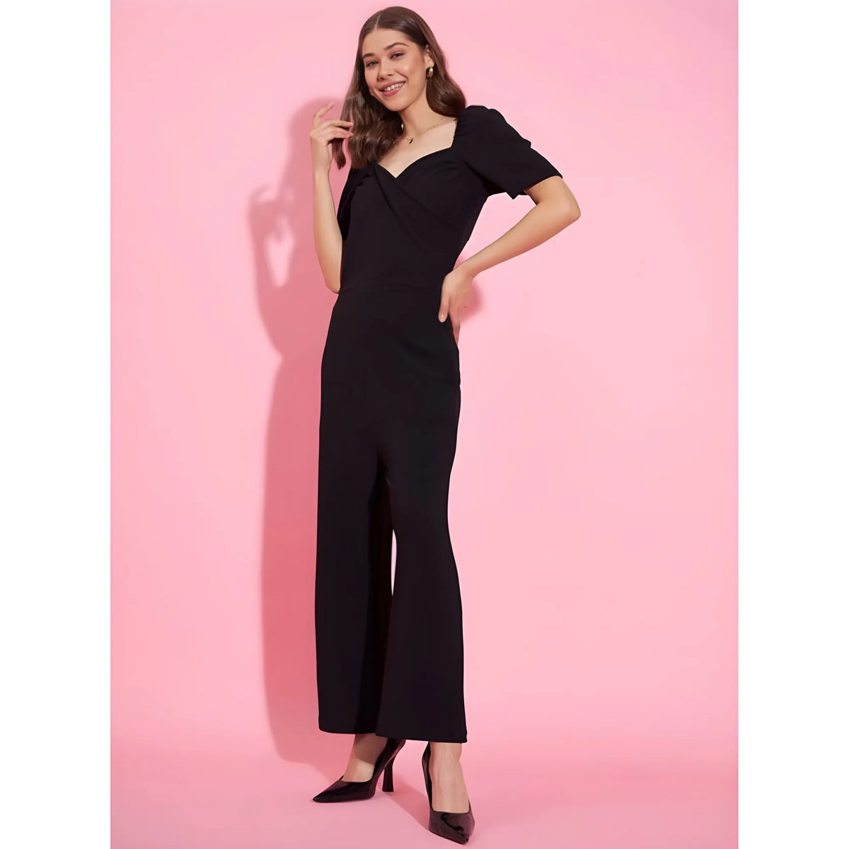 Women's Polyester Lycra Solid Puff Sleeve Jumpsuit (black) | Women Signature Collection