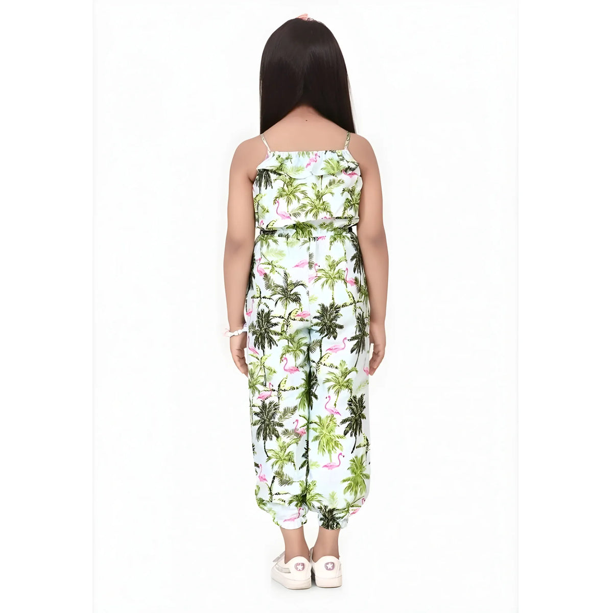 Girl's Denim Embroidered Sleeveless Jumpsuit (white Green) | Kids Signature Collection