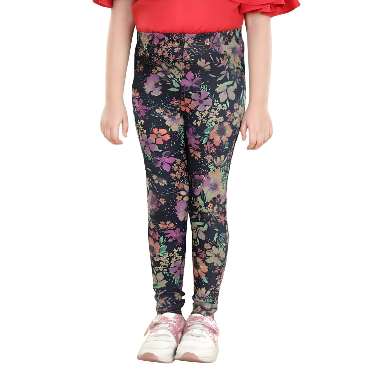 Girl's Cotton Lycra Floral Elasticated Jeggings (Multicolor)
