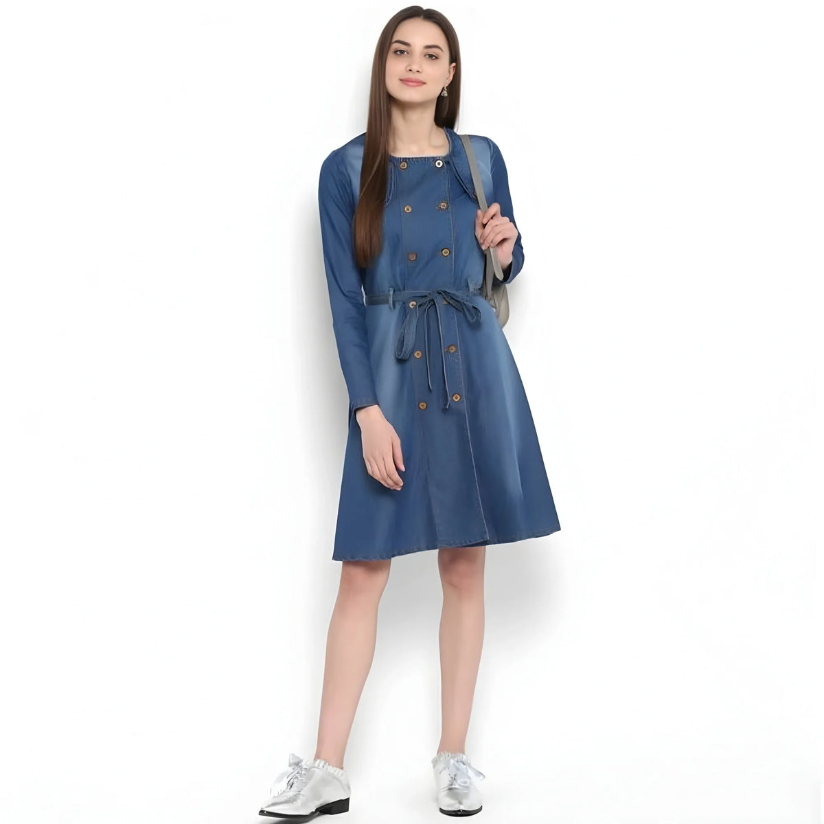 Women's Denim Washed Regular Sleeves Dress (blue) | Women Signature Collection
