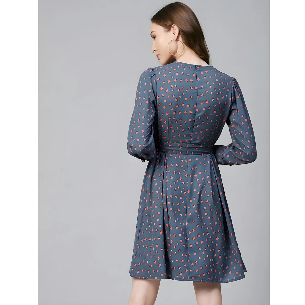 Women's Polyester Polka Long Sleeves Above Knee Dress (grey Coral) | Women Signature Collection