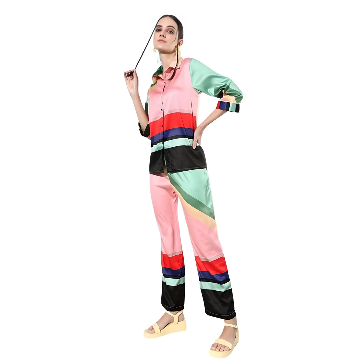 Women's Satin Colour Block Long Sleeves Co Ord Set (multicolor) | Women Signature Collection