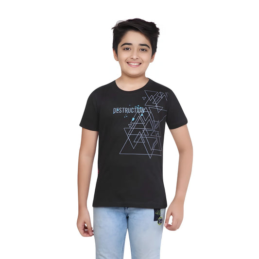 Boy's Cotton Grapic Printed Round Neck T-Shirt (Black)