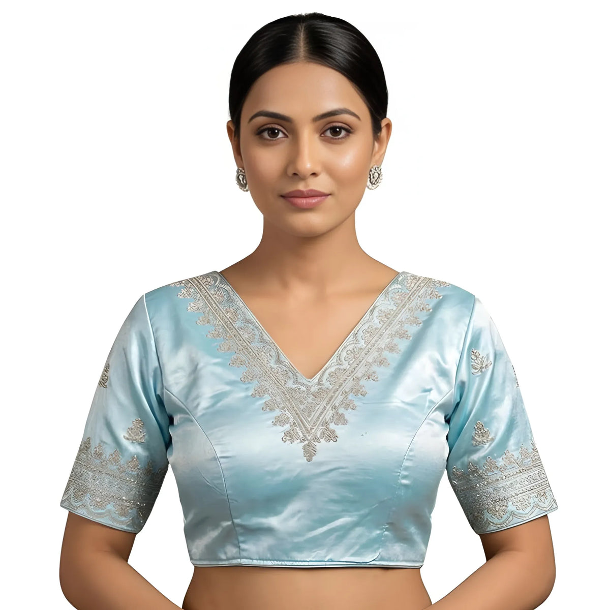Azure Women's Satin Embroidered Half sleeve V-Neck Padded Readymade Blouse