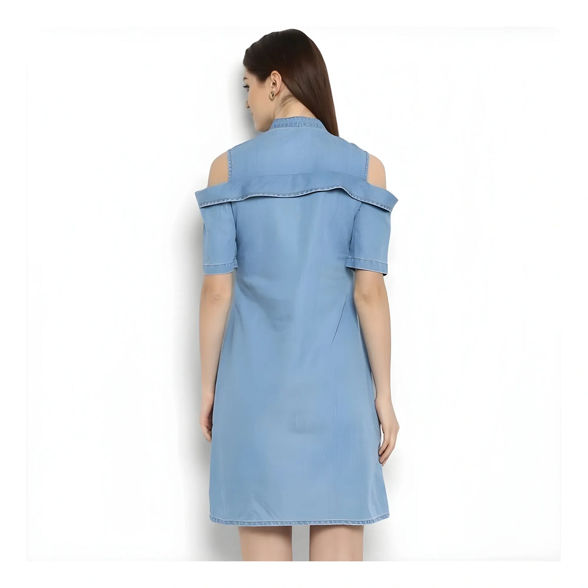 Women's Denim Solid Cold Shoulder Above Knee Dress (blue) | Women Signature Collection