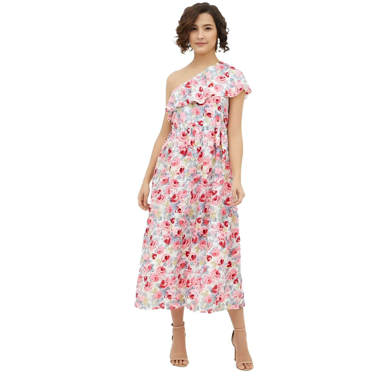 Women's Polyester Floral One Shoulder Calf Length Dress (multicolor) | Women Signature Collection
