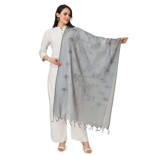 Women's Cotton Embroidered Dupatta (Grey, Length:  2.25 to 2.50 Mtr)