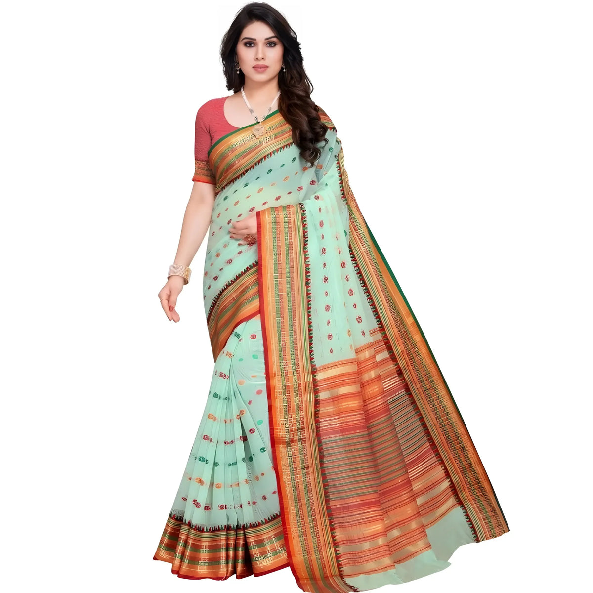 Women's Kota Doria Cotton Woven Butta Saree With Blouse (pista, 5 6 Mtrs) | Women Signature Collection