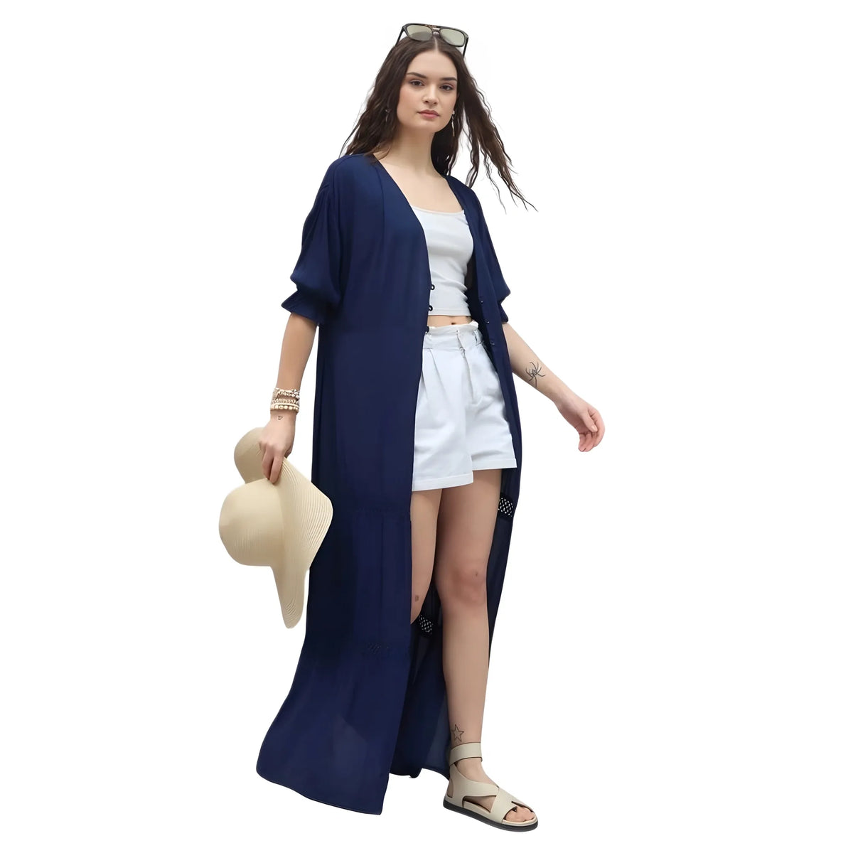 Women's Rayon Crepe Lace Inserts 3 4th Sleeve Shrug (navy) | Women Signature Collection