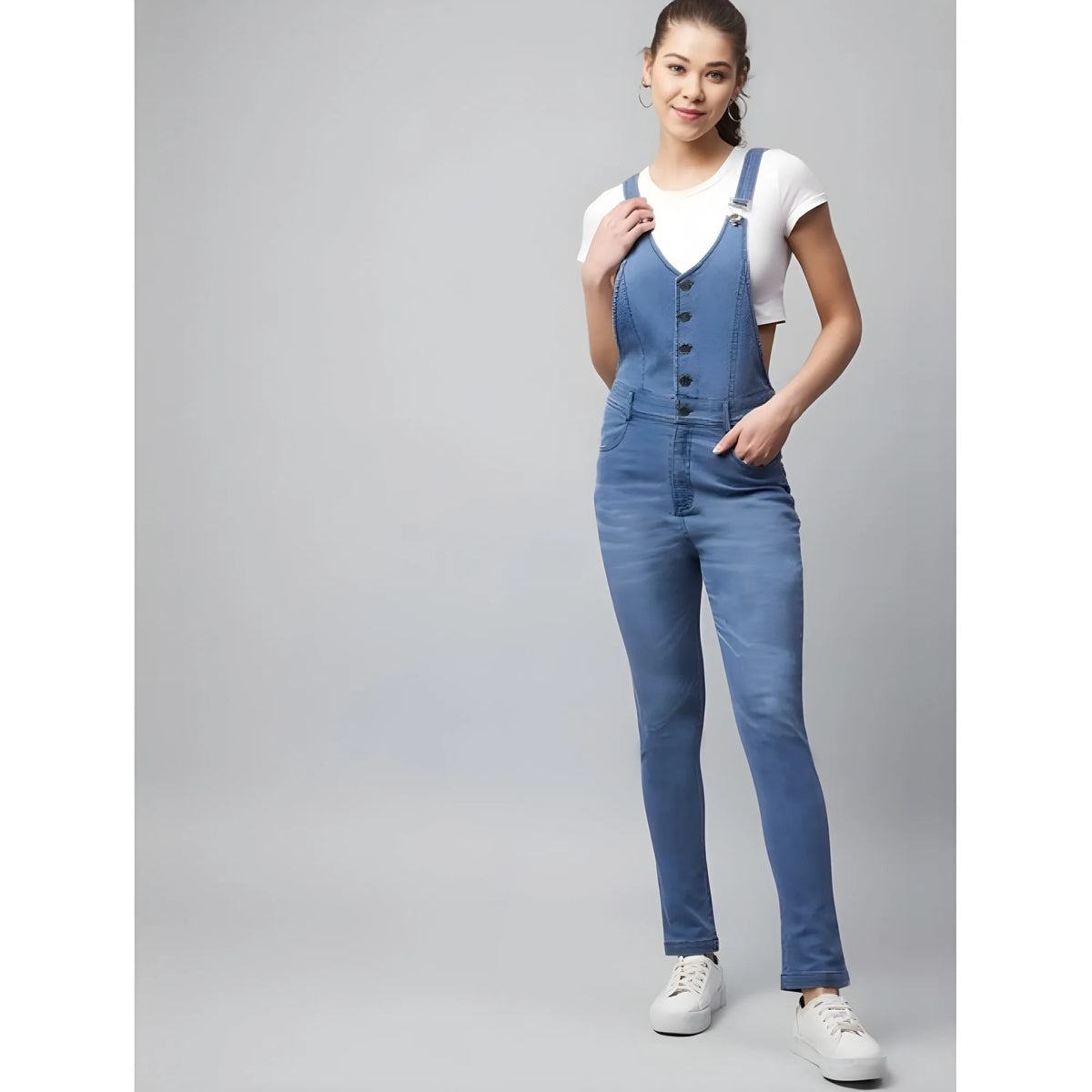 Women's Denim Lycra Solid Buttoned Dungaree (ice Blue) | Women Signature Collection