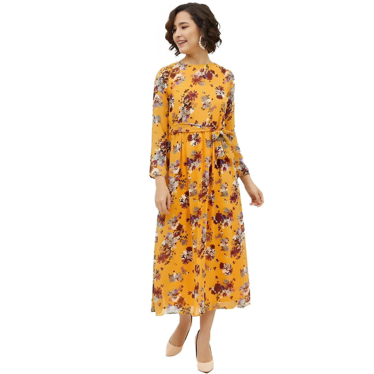 Women's Polyester Floral Long Sleeves Calf Length Dress (multicolor) | Women Signature Collection