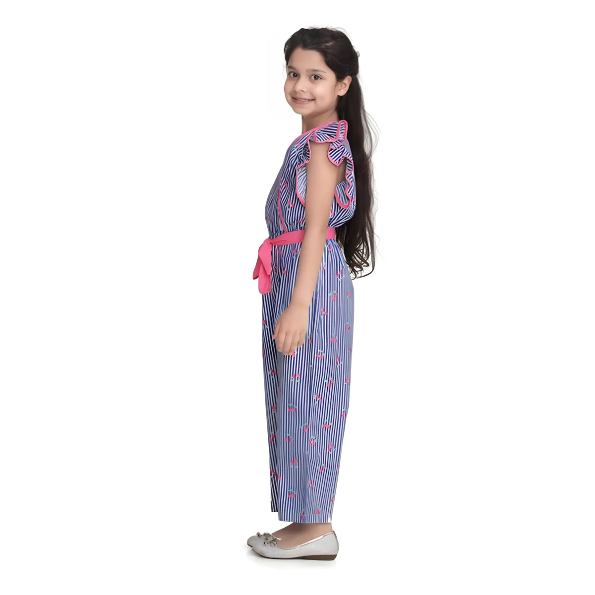 Girl's Cotton Striped Flutter Jumpsuit (blue Pink) | Kids Signature Collection