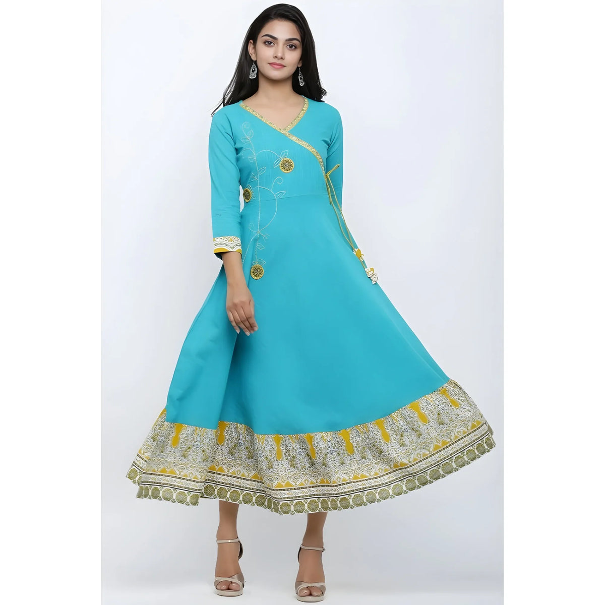 Women's Casual 3/4 Th Sleeve Embroidery Cotton Blend Kurti (torque Green) | Women Signature Collection