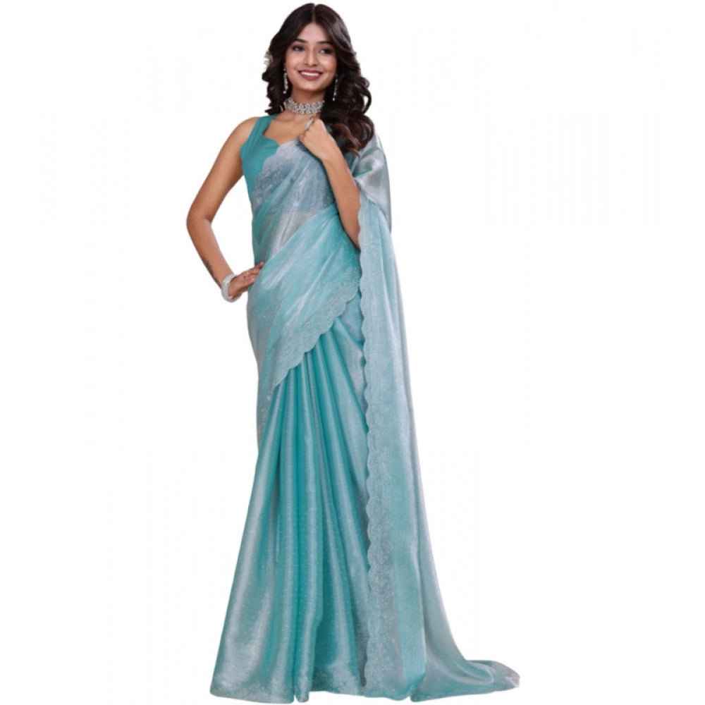 Women's Jimmy Choo Embellished Bollywood Saree With Unstitched Blouse 5.5mtr (light Blue) | Women Signature Collection