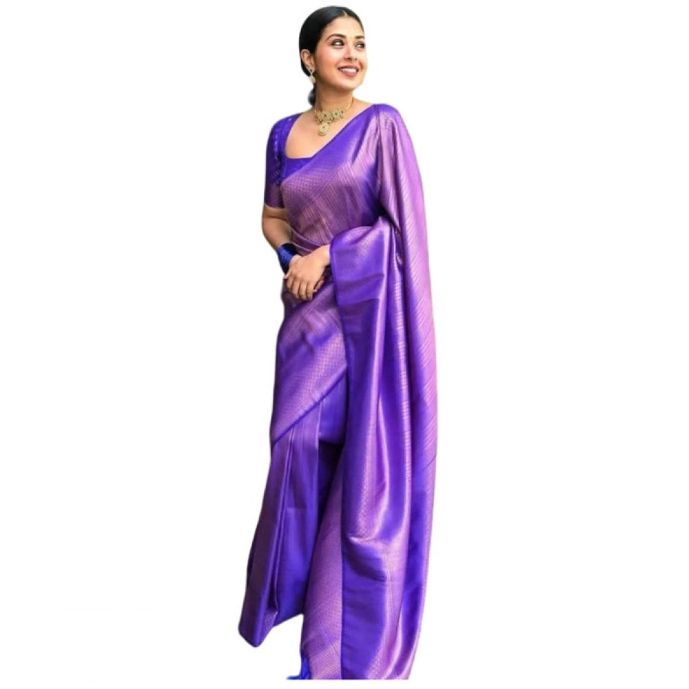 Women's Litchi Silk Printed Saree With Unstitched Blouse (purple) | Women Signature Collection