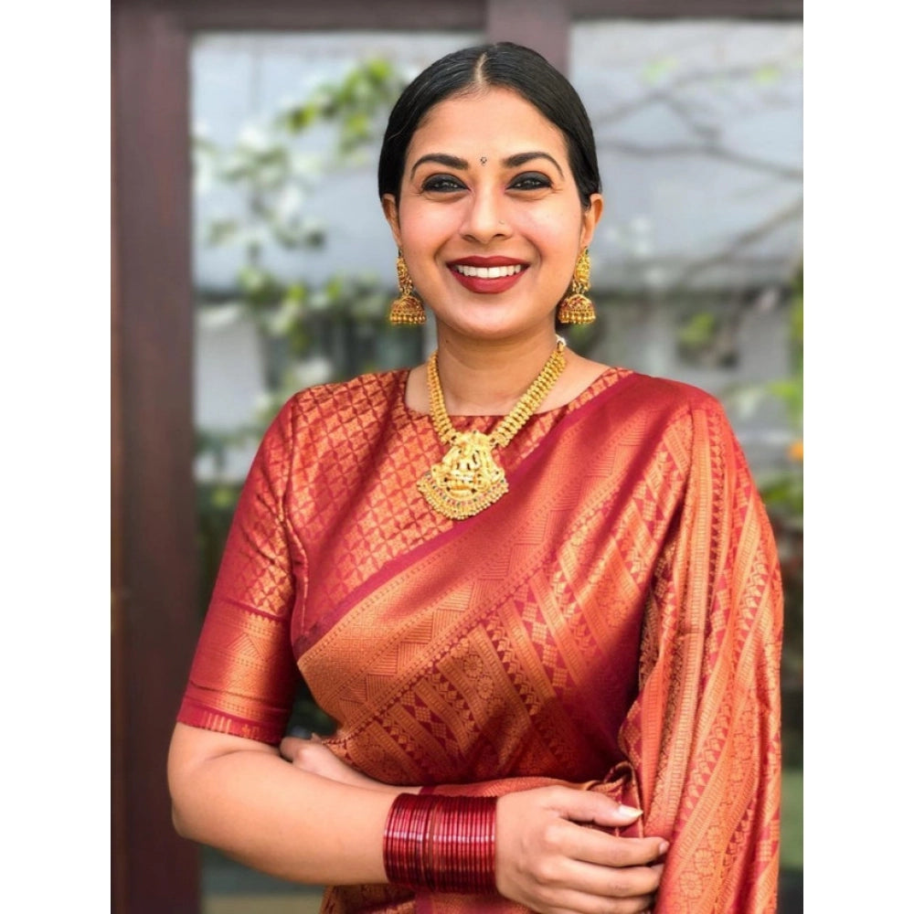 Women's Litchi Silk Printed Saree With Unstitched Blouse (red) | Women Signature Collection
