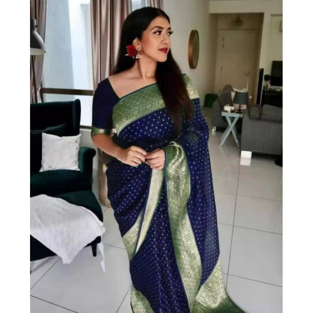 Women's Litchi Silk Printed Saree With Unstitched Blouse (blue) | Women Signature Collection