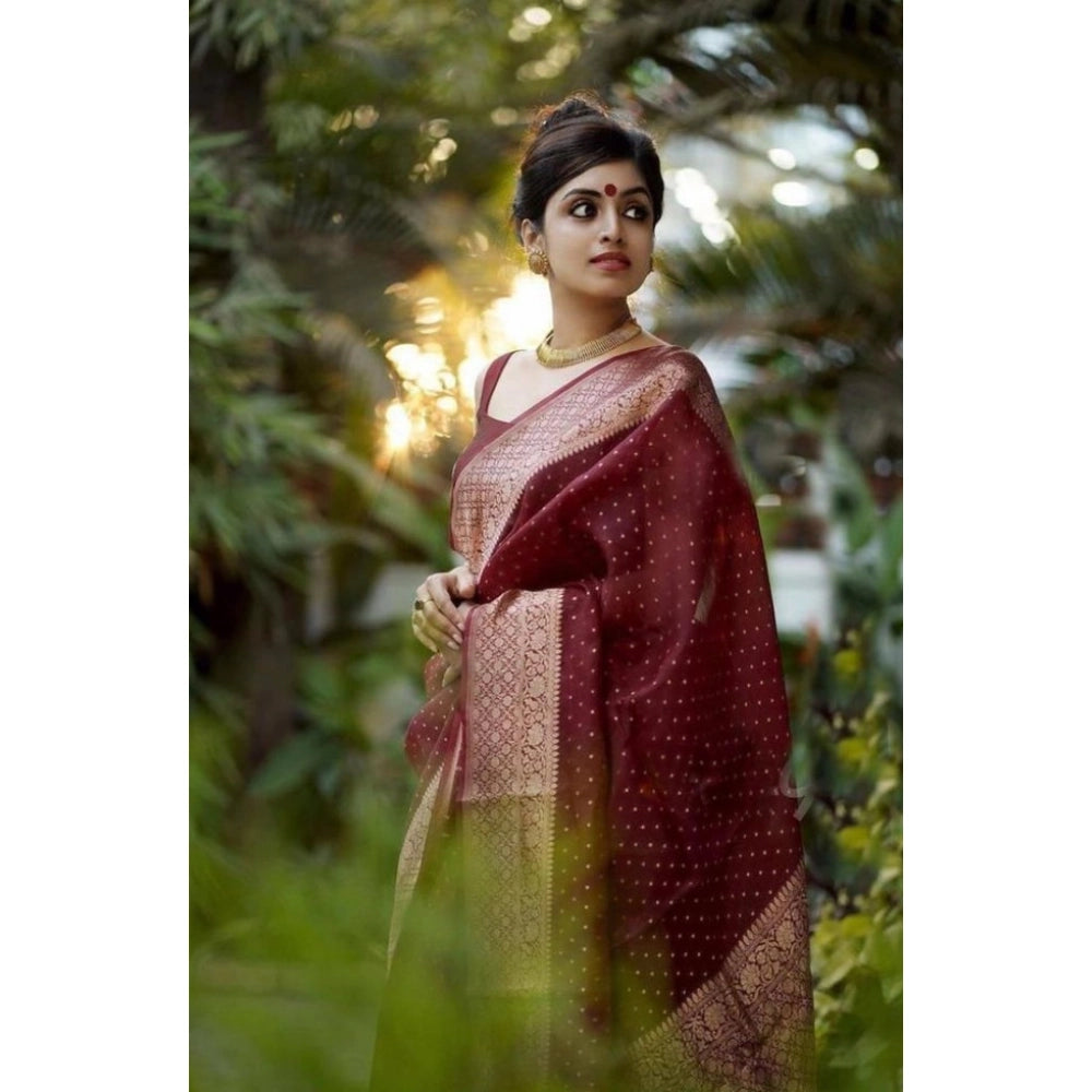Women's Litchi Silk Printed Saree With Unstitched Blouse (maroon) | Women Signature Collection