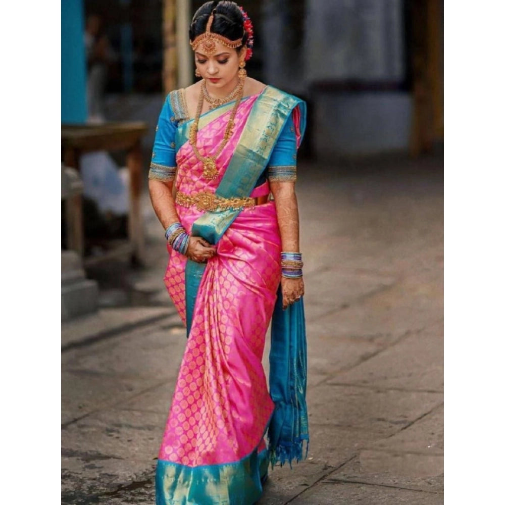 Women's Litchi Silk Printed Saree With Unstitched Blouse (pink) | Women Signature Collection