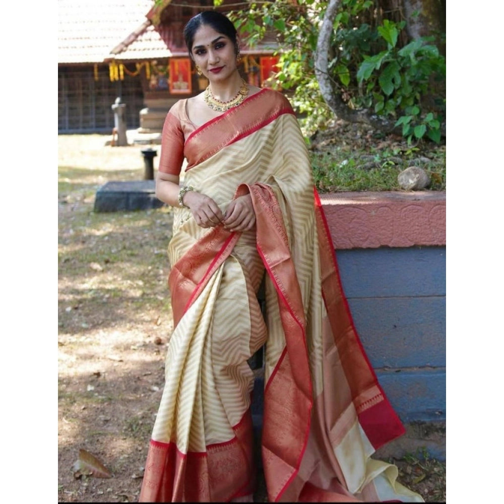 Women's Litchi Silk Printed Saree With Unstitched Blouse (beige) | Women Signature Collection