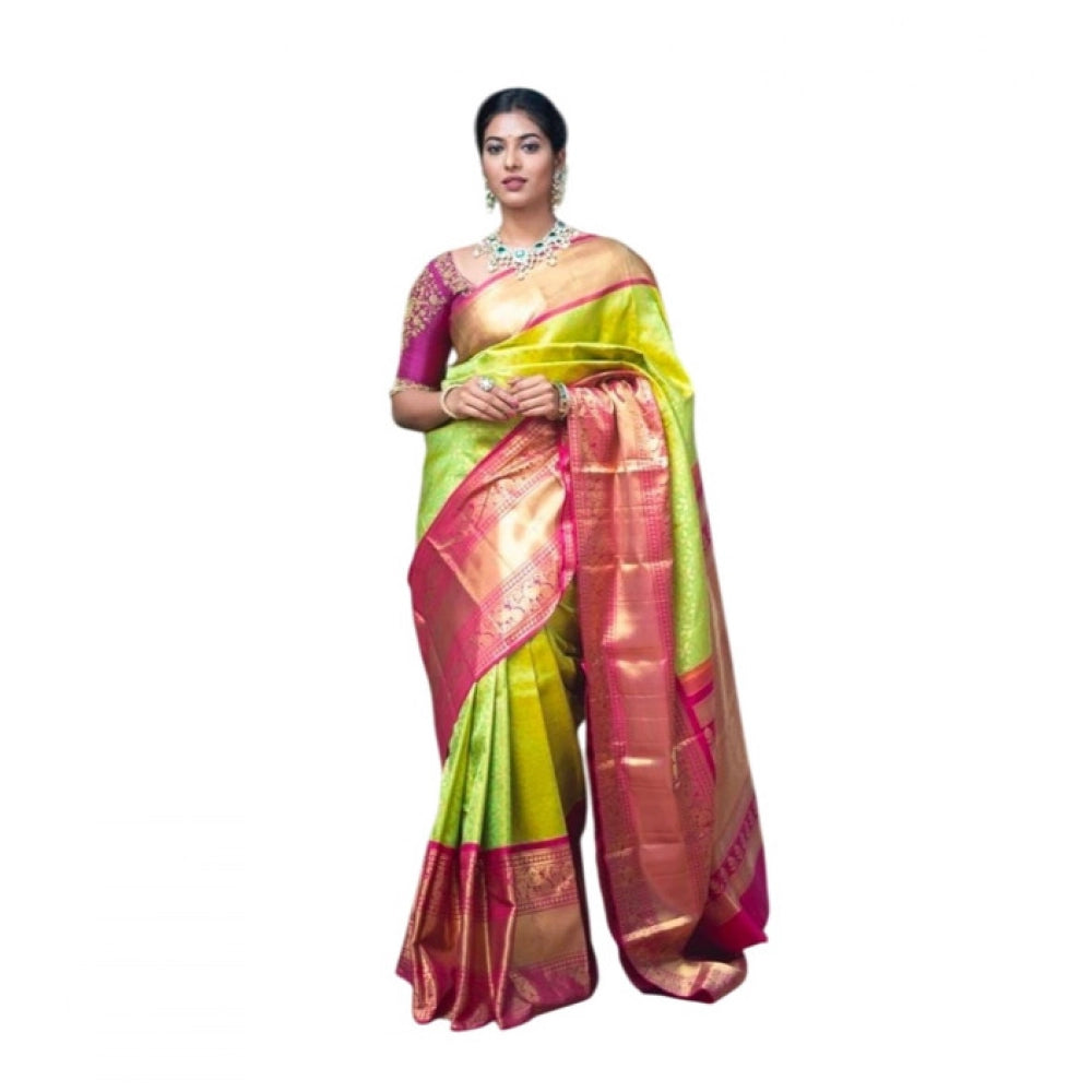 Women's Litchi Silk Printed Saree With Unstitched Blouse (green) | Women Signature Collection
