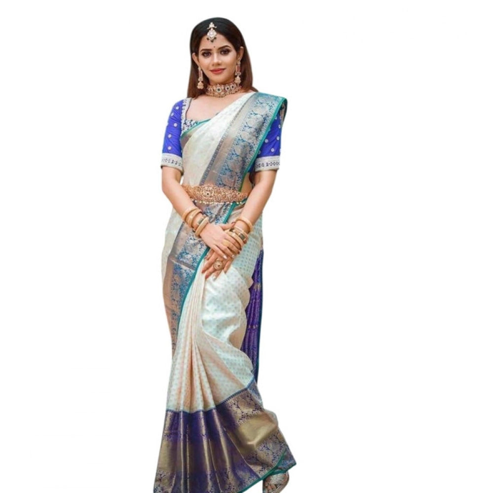 Women's Litchi Silk Printed Saree With Unstitched Blouse (off White) | Women Signature Collection