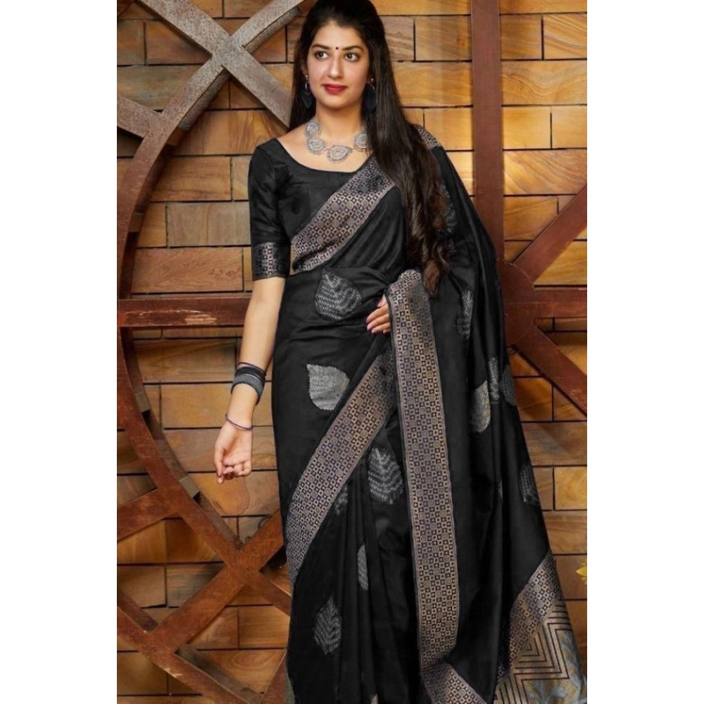 Women's Litchi Silk Printed Saree With Unstitched Blouse (black) | Women Signature Collection