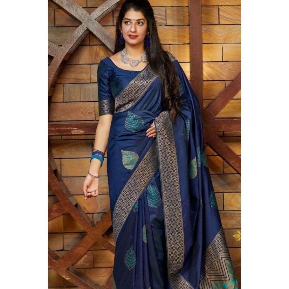 Women's Litchi Silk Printed Saree With Unstitched Blouse (blue) | Women Signature Collection