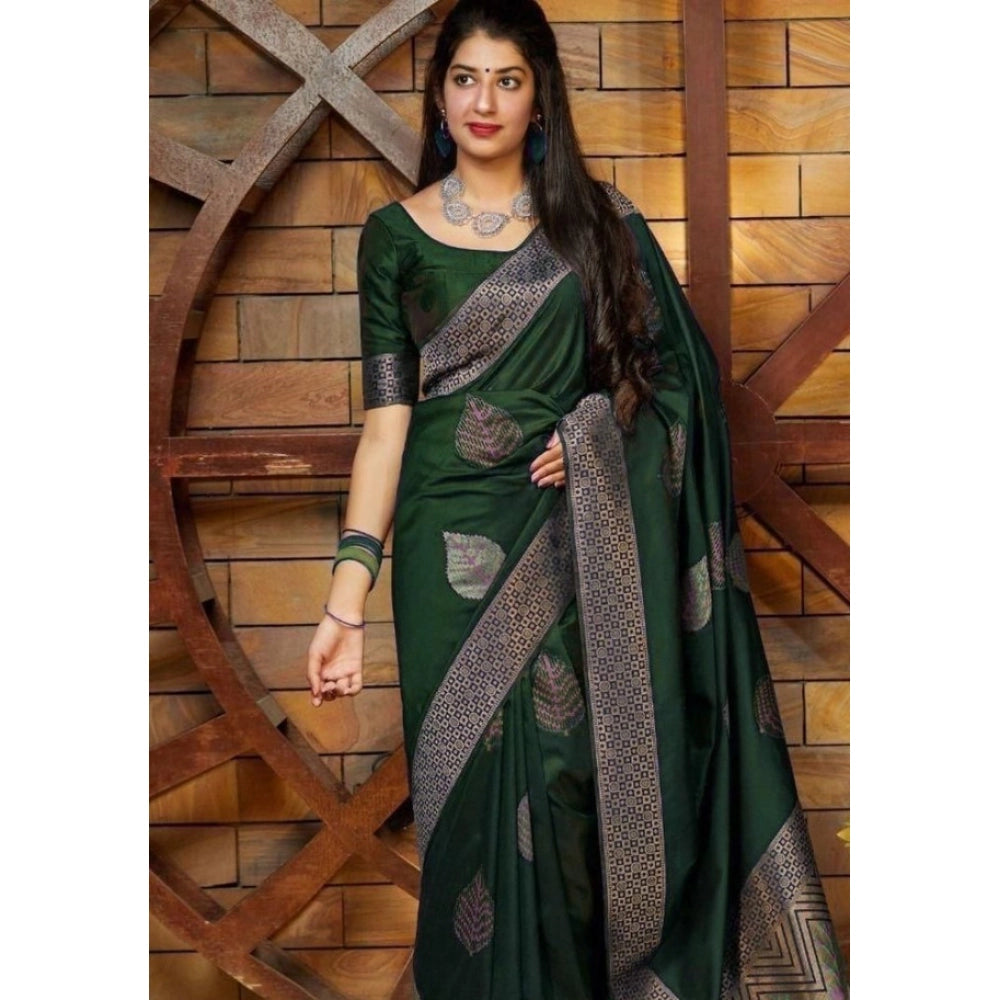 Women's Litchi Silk Printed Saree With Unstitched Blouse (green) | Women Signature Collection