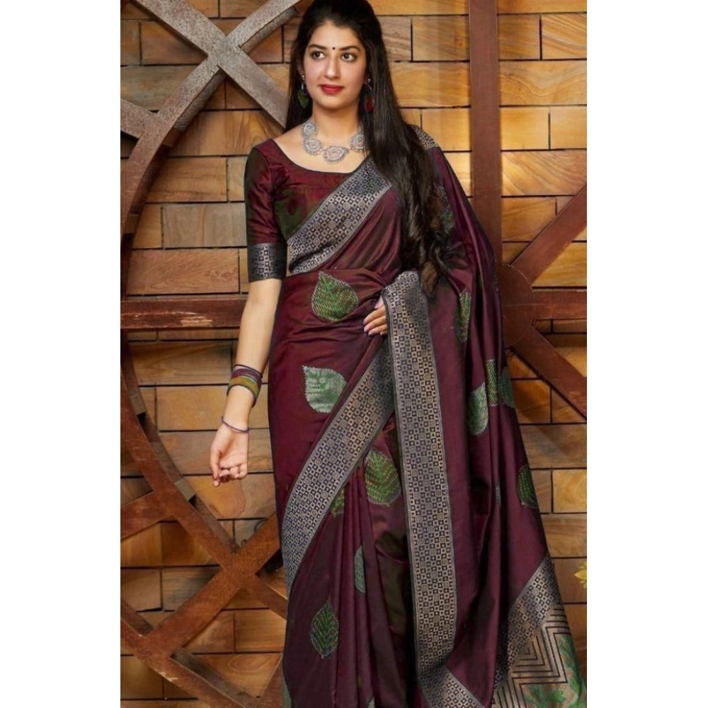 Women's Litchi Silk Printed Saree With Unstitched Blouse (maroon) | Women Signature Collection