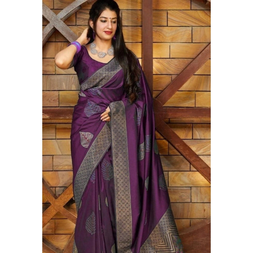 Women's Litchi Silk Printed Saree With Unstitched Blouse (purple) | Women Signature Collection