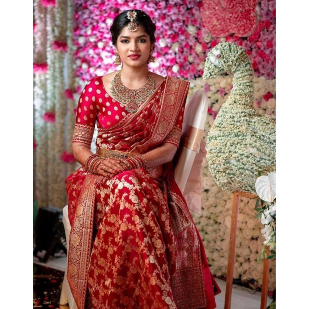 Women's Litchi Silk Printed Saree With Unstitched Blouse (red) | Women Signature Collection