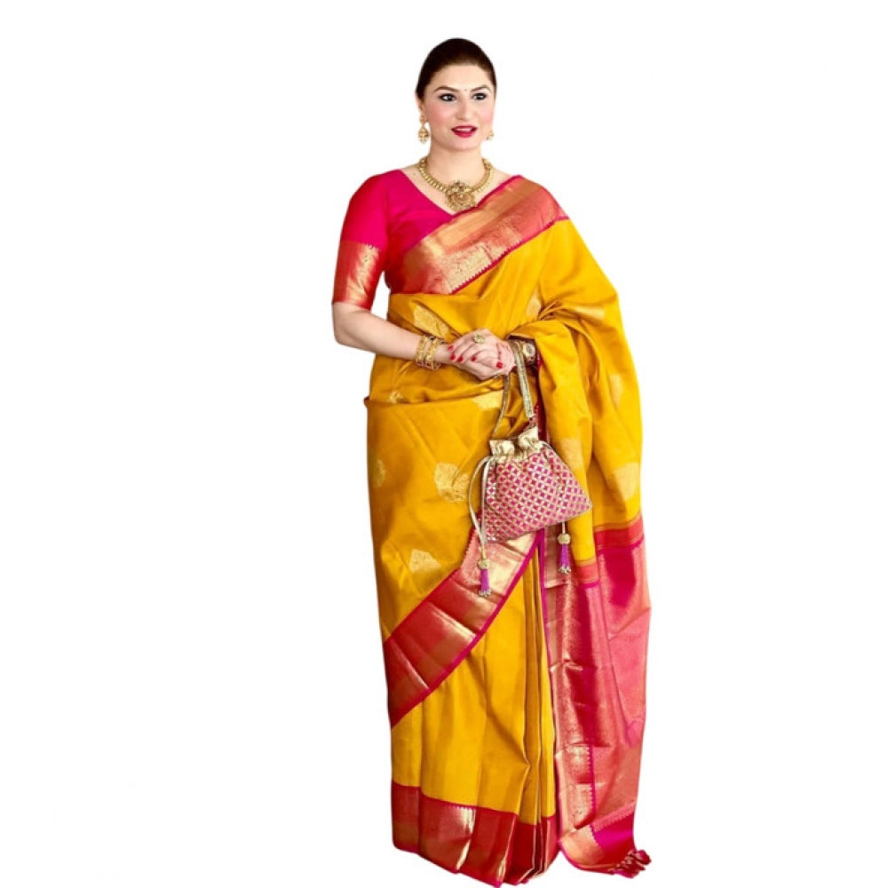 Women's Litchi Silk Printed Saree With Unstitched Blouse (yellow) | Women Signature Collection