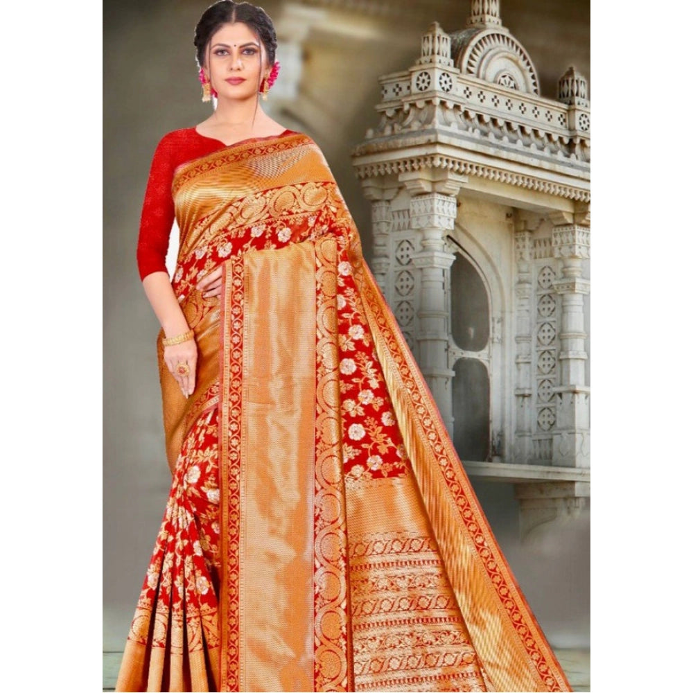Women's Litchi Silk Printed Saree With Unstitched Blouse (red) | Women Signature Collection