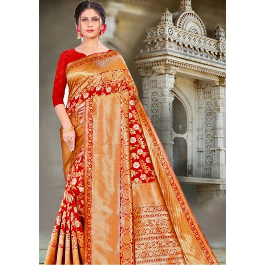 Women's Litchi Silk Printed Saree With Unstitched Blouse (red) | Women Signature Collection