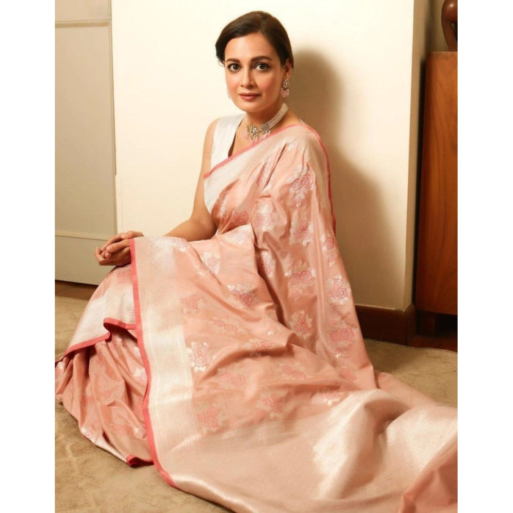 Women's Litchi Silk Printed Saree With Unstitched Blouse (peach) | Women Signature Collection