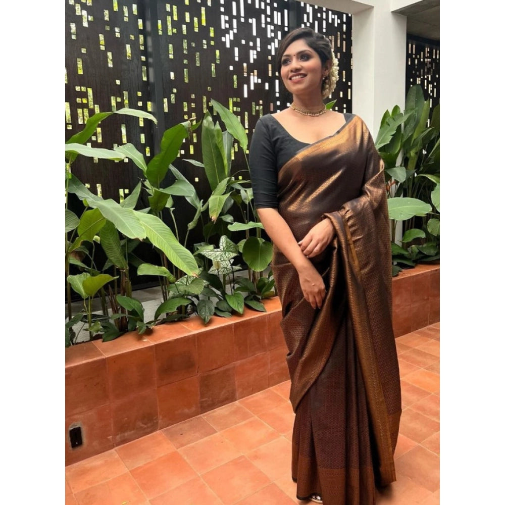 Women's Litchi Silk Printed Saree With Unstitched Blouse (gold) | Women Signature Collection