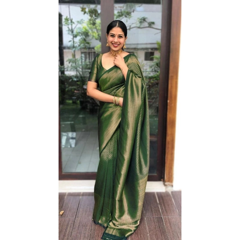 Women's Litchi Silk Printed Saree With Unstitched Blouse (green) | Women Signature Collection