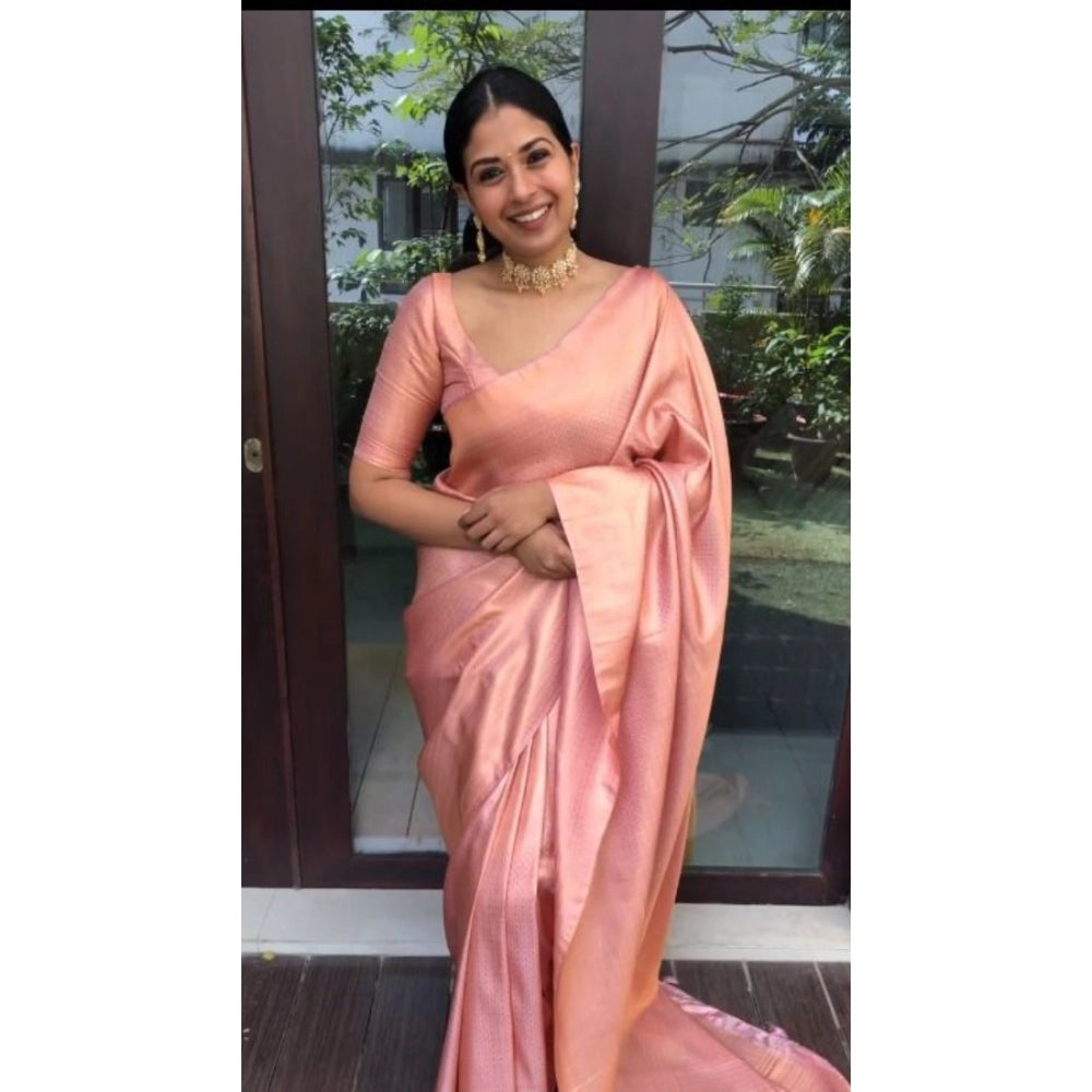 Women's Litchi Silk Printed Saree With Unstitched Blouse (peach) | Women Signature Collection