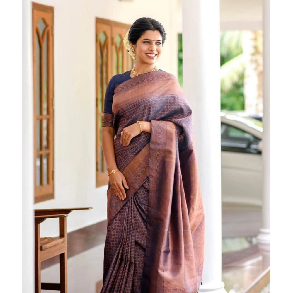 Women's Litchi Silk Printed Saree With Unstitched Blouse (navy Blue) | Women Signature Collection