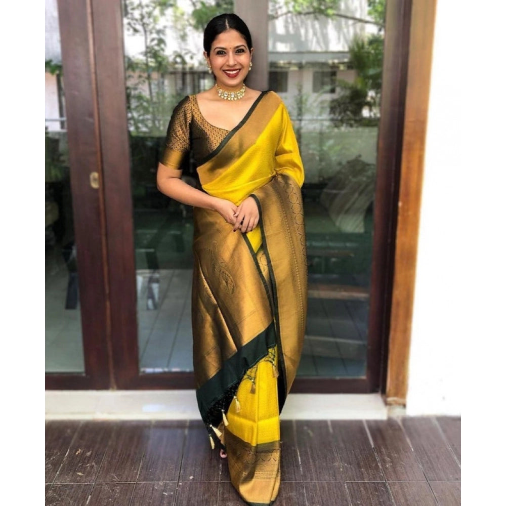 Women's Litchi Silk Printed Saree With Unstitched Blouse (yellow) | Women Signature Collection