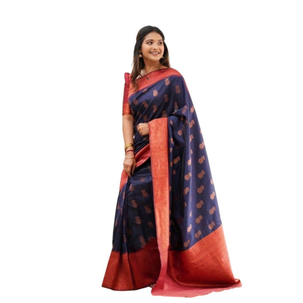 Women's Litchi Silk Printed Saree With Unstitched Blouse (blue) | Women Signature Collection